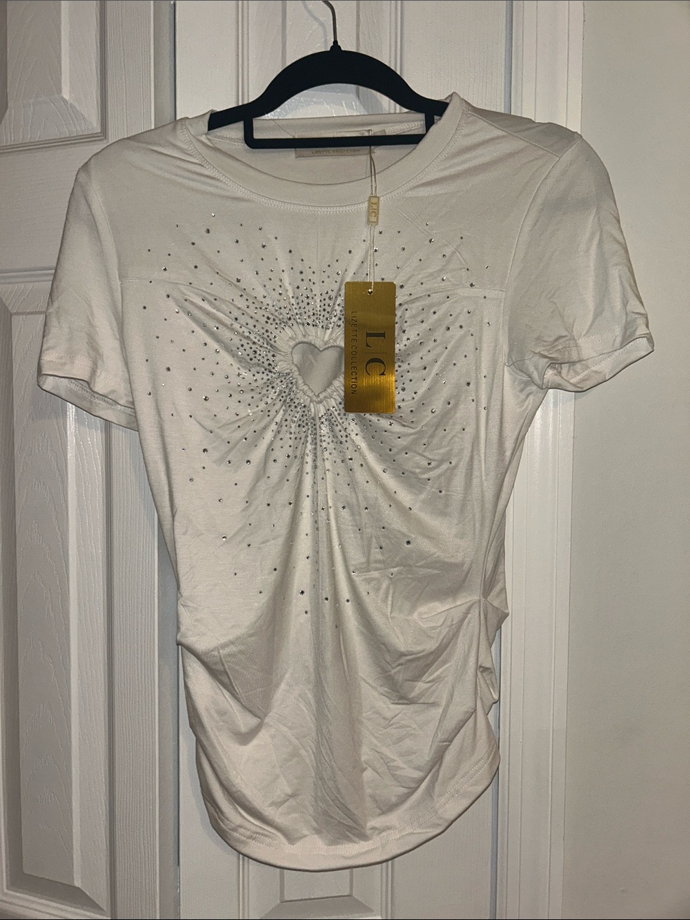 LC Collection White Short Sleeve Heart Stud Tee
